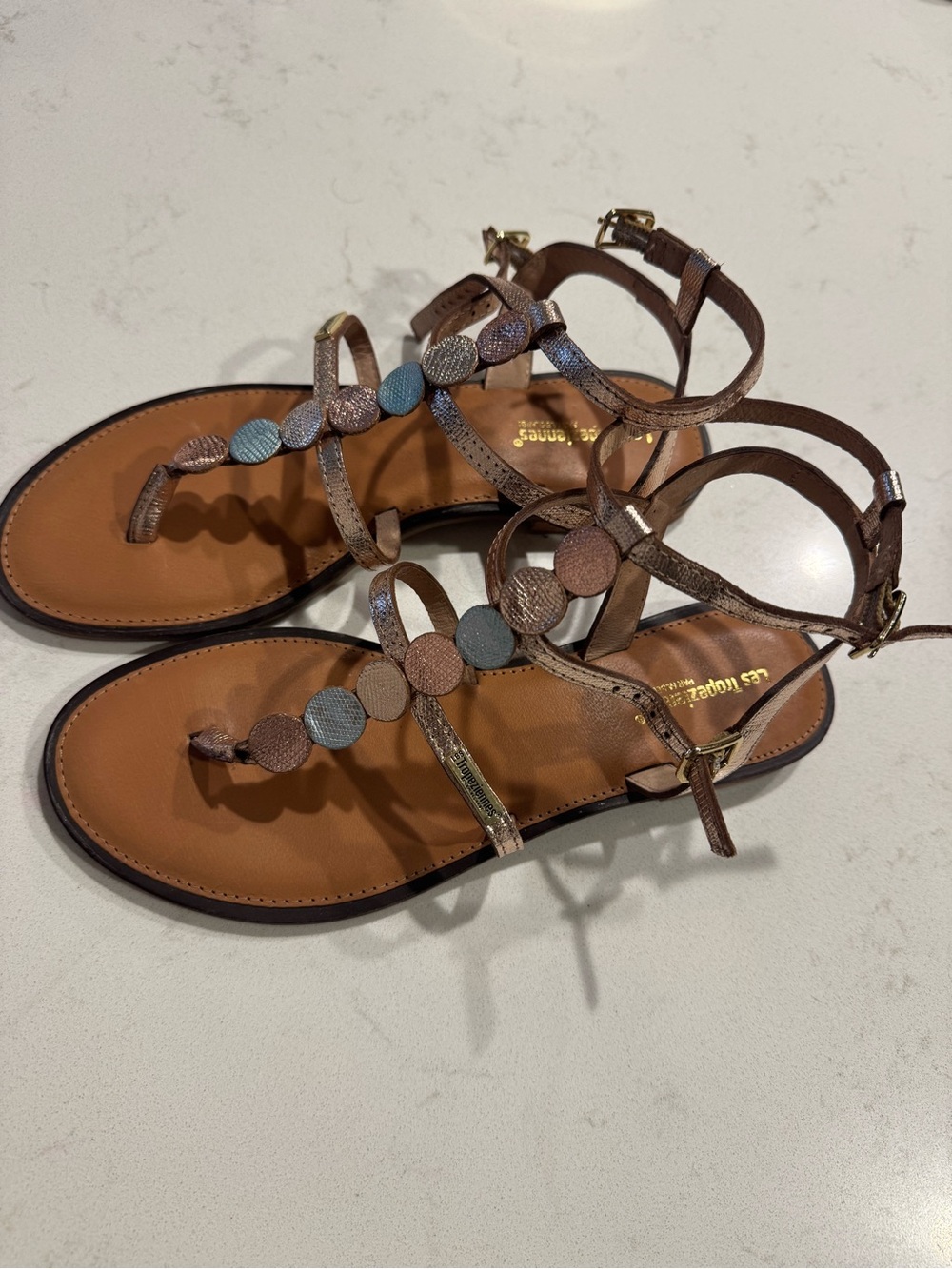 Tropeziennes size 39Women’s Metallic Gold T-Strap Sandals - Picture 3 of 11